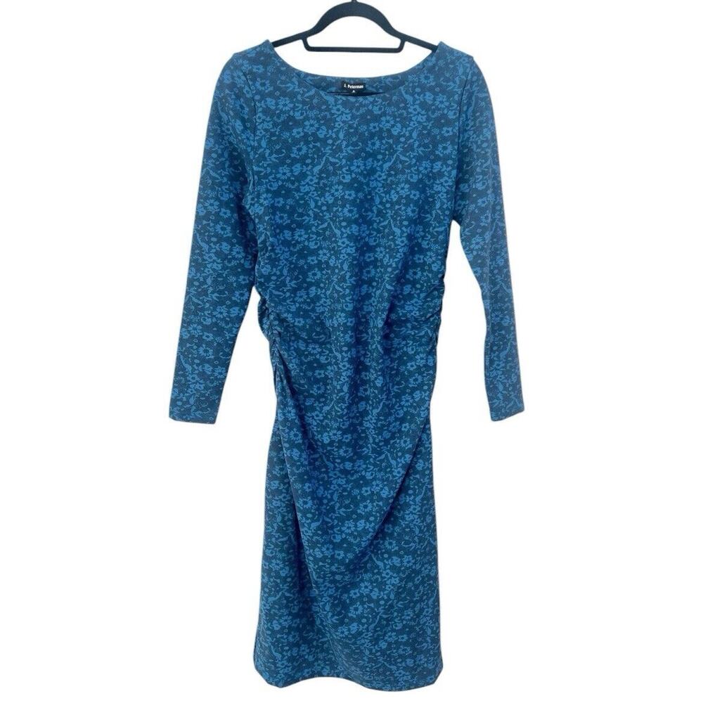 J Peterman Secret Keeper Midi Dress Blue Floral Ruched Sides Long Slv Midi Sz 8 - Picture 1 of 5